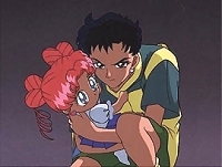 Seiya protectively holds a startled Chibi Chibi.