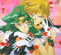 Surrounded by cherry blossoms, Uranus lovingly holds Neptune.