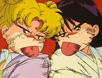 Usagi and Rei stick their tongues out at each other.